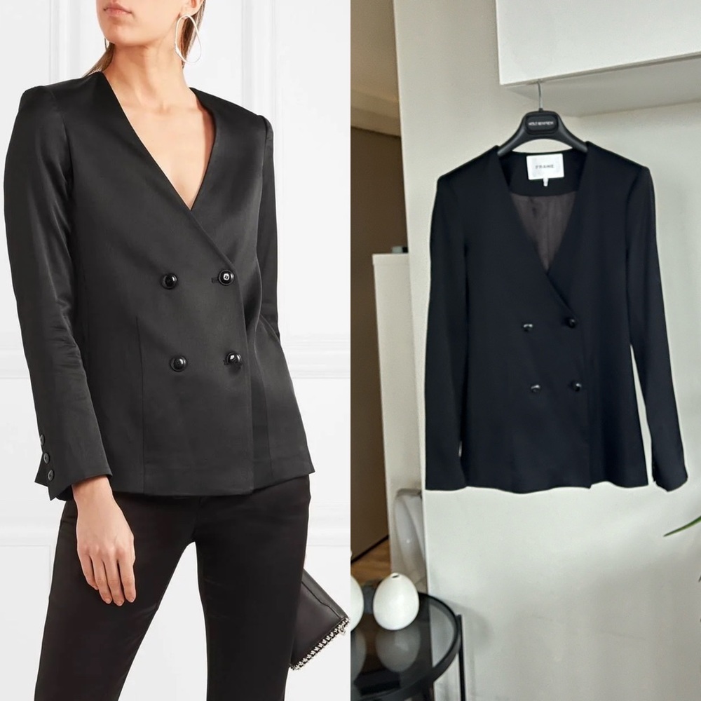 FRAME Black Double-breasted Satin Formal Evening New Luxury Business Blazer Sz 4